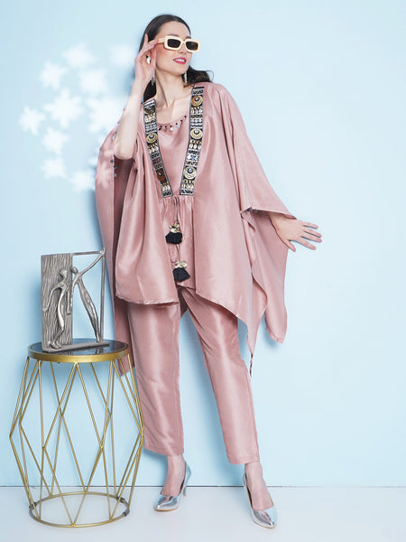 Rose Gold Silk Muslin 3 Pcs Hand Embellished Kaftaan Set-WRKS150