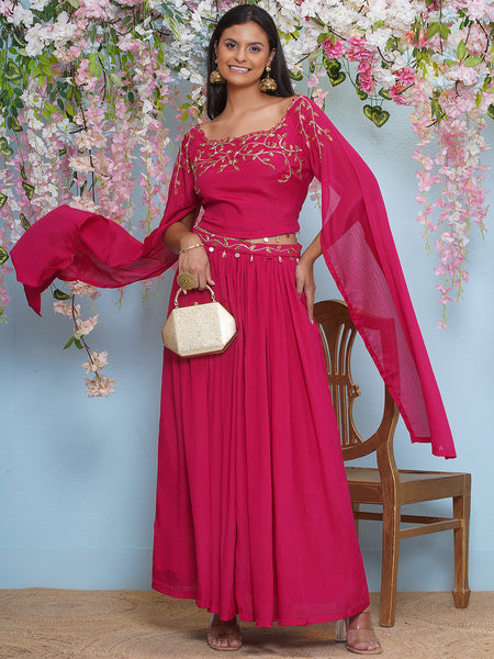 Pink Chinnon Hand embellished long sleeves kurta with Lehnga-WRKS196
