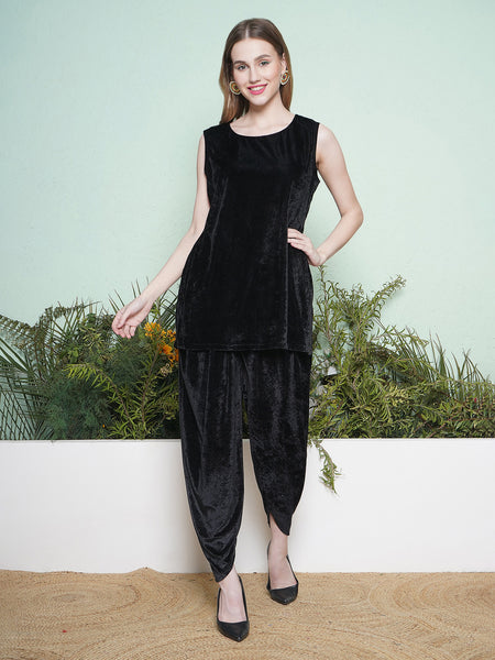 Black Velvet Hand Embellished Jacket with Inner and Dhoti Salwaar-WRKS138