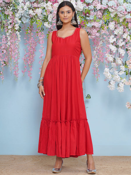 Red Full Length Anarkali Gown with Hand Embellished Cape-WRK472
