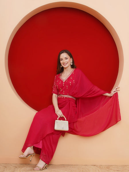 Pink Georgette Hand Embellished Choli with Drape Skirt and Belt-WRKS184