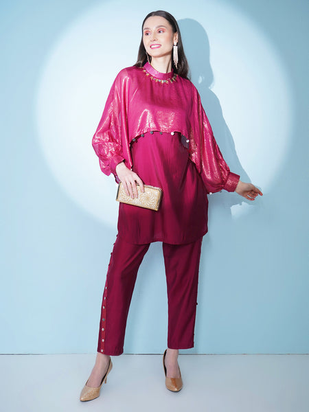 Maroon Hand Embellished Muslin Kurta Set-WRKS148