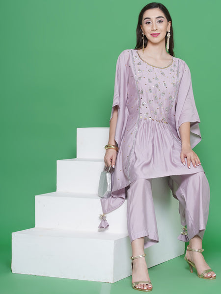 Light Mauve Hand Embellished Kaftaan Set-WRKS134