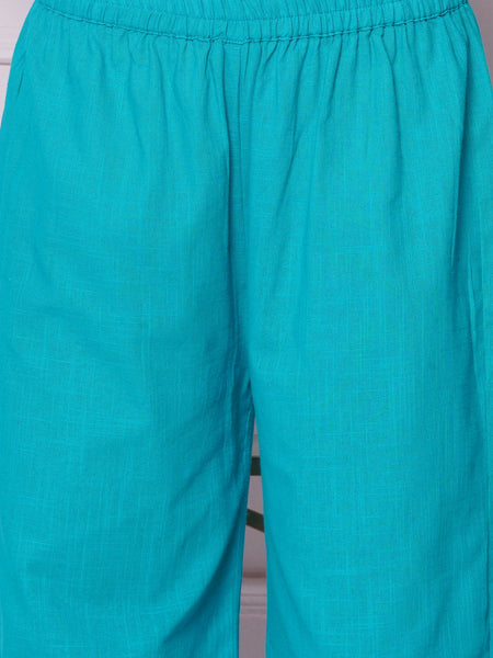 Blue Cotton Embroidered Shirt with High Waist Pallazo-WRKS162B
