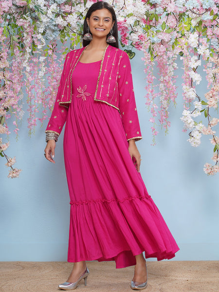 Pink Full Lenght Anarkali Gown with Hand embellished short jacket-WRK473