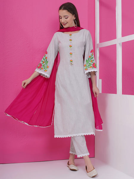 Grey Handloom Cotton Suit set with Dupatta-WRS001