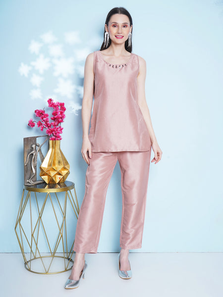 Rose Gold Silk Muslin 3 Pcs Hand Embellished Kaftaan Set-WRKS150