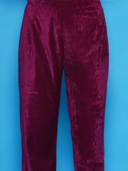 Wine Vevet Hand Embellished Drape Style Kurta with Pant-WRKS146