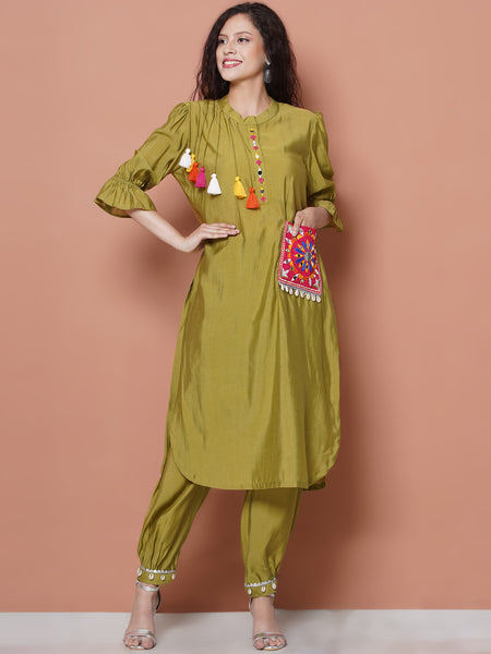Green Art Silk Emdroidered Afghani Set-WRKS116