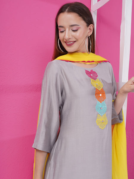Grey Embroidered Suit with Dupatta-WRS004