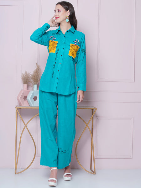 Blue Cotton Embroidered Shirt with High Waist Pallazo-WRKS162B