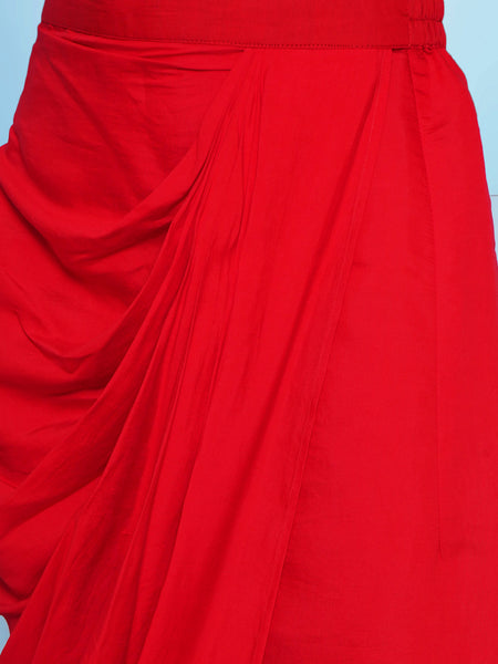 Red Hand embellished shirt with inner and dhoti skirt-WRKS146