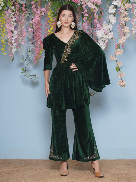 Green Velvet Half Cape hand embellished kurta with bellbottom pant-WRKS202