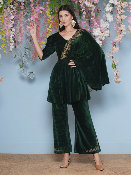 Green Velvet Half Cape hand embellished kurta with bellbottom pant-WRKS202