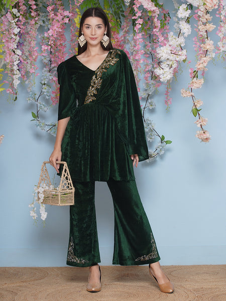Green Velvet Half Cape hand embellished kurta with bellbottom pant-WRKS202