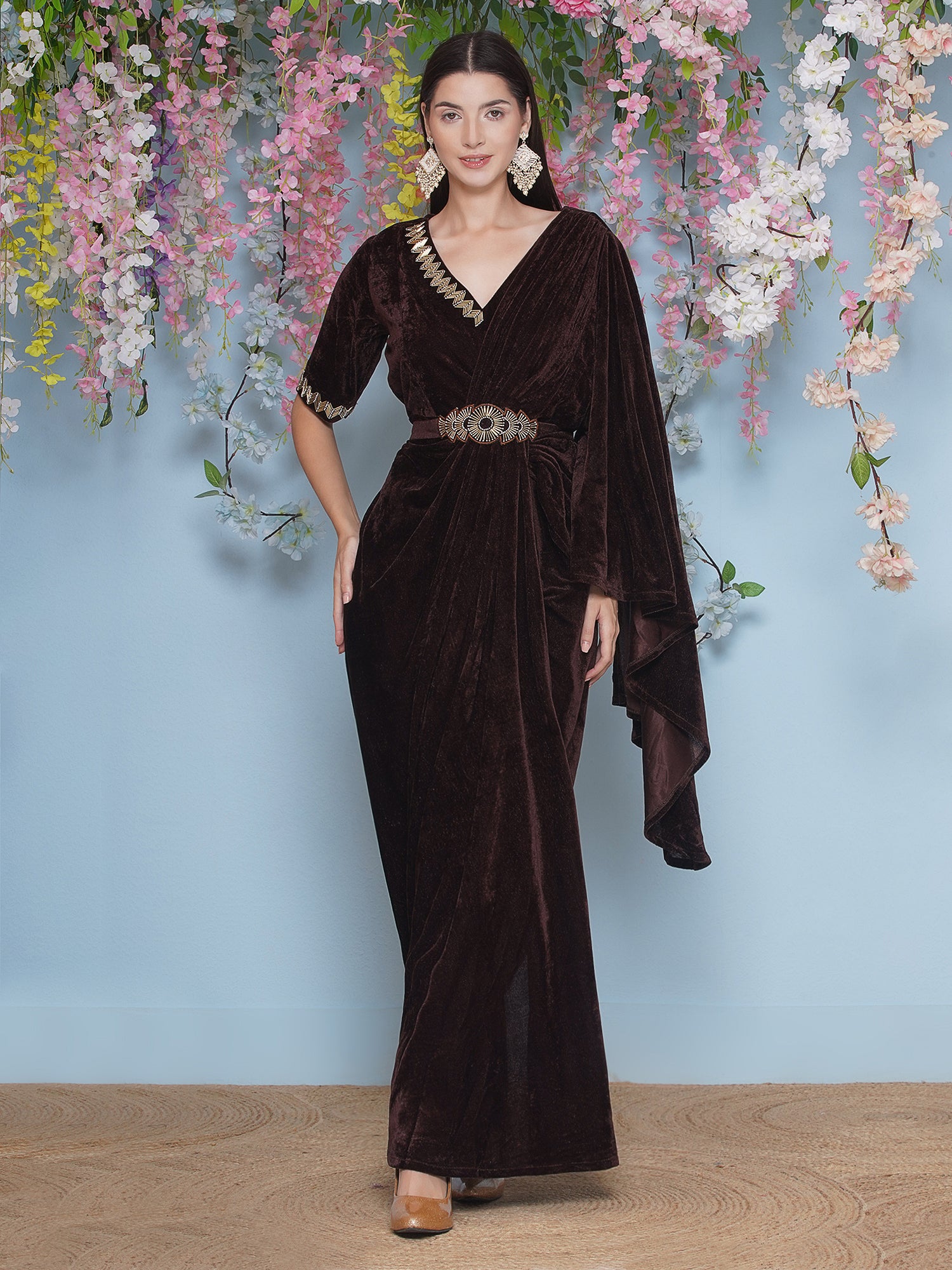 Brown Velvet Hand Embellished gown with belt-WRK475