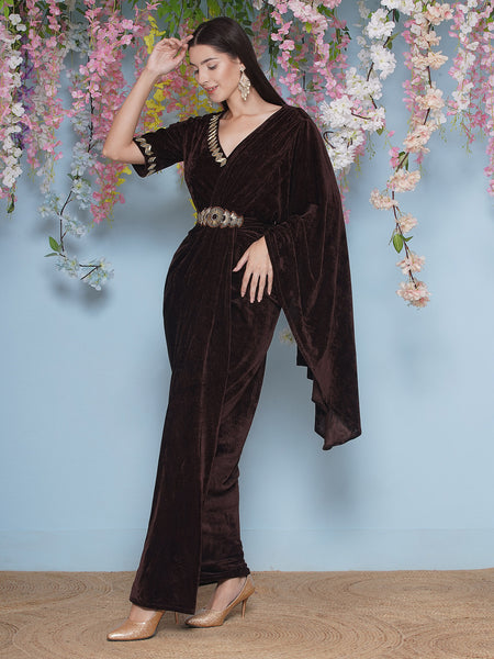 Brown Velvet Hand Embellished gown with belt-WRK475
