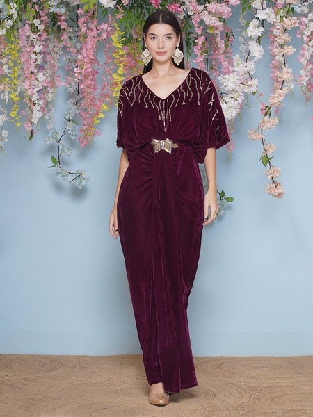 Wine Hand Embellished Gownd with Belt-WEK476