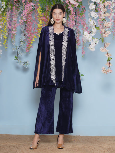 Navy Blue Velvet Embroidered Cape with inner and Bellbottom-WRKS205