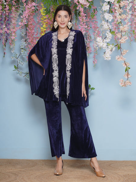 Navy Blue Velvet Embroidered Cape with inner and Bellbottom-WRKS205