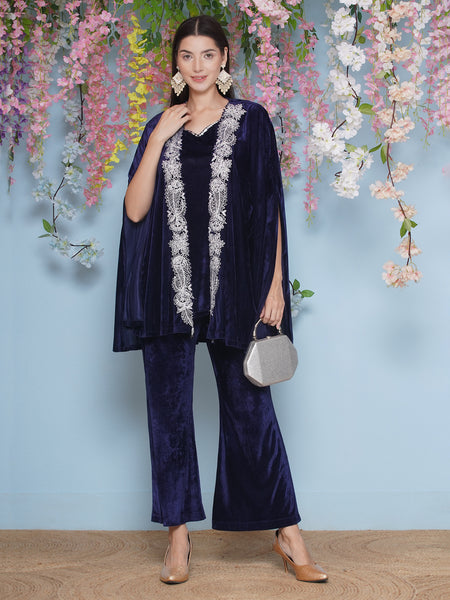Navy Blue Velvet Embroidered Cape with inner and Bellbottom-WRKS205