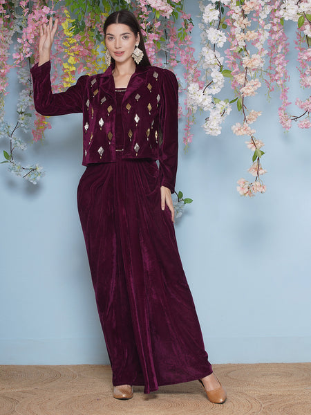 Wine Velvet Hand Embellished Jacket with Skirt and Inner-WRKS206