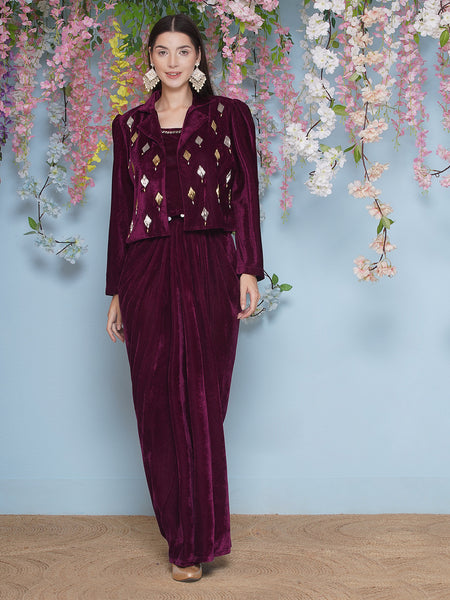 Wine Velvet Hand Embellished Jacket with Skirt and Inner-WRKS206