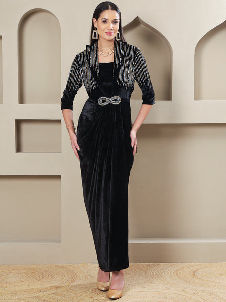 lack Velvet Hand-Embellished 3-Piece Gown Set with Inner & Belt-WRK485