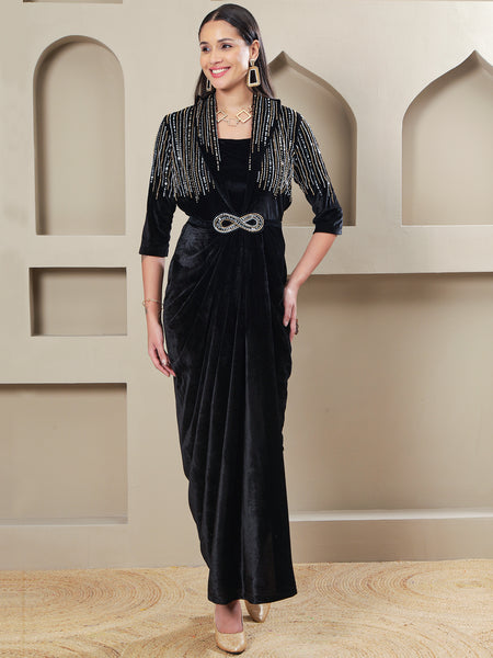 lack Velvet Hand-Embellished 3-Piece Gown Set with Inner & Belt-WRK485