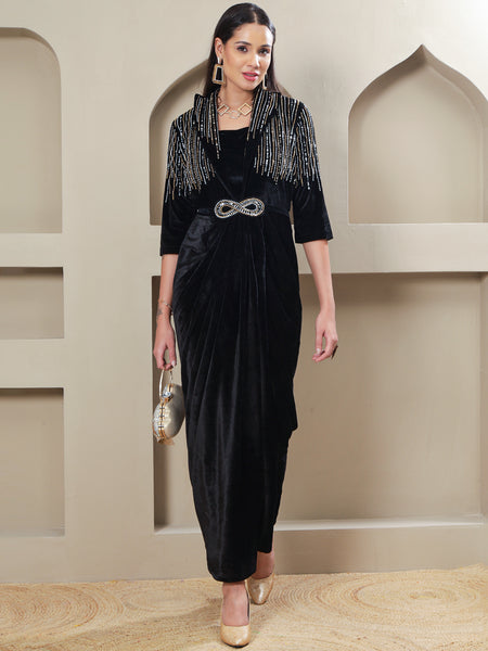 lack Velvet Hand-Embellished 3-Piece Gown Set with Inner & Belt-WRK485