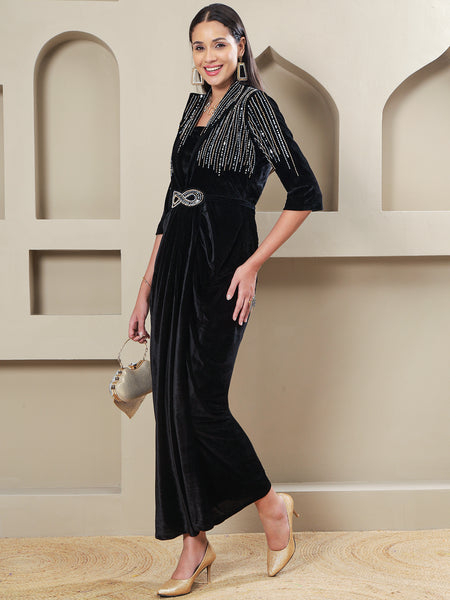 lack Velvet Hand-Embellished 3-Piece Gown Set with Inner & Belt-WRK485