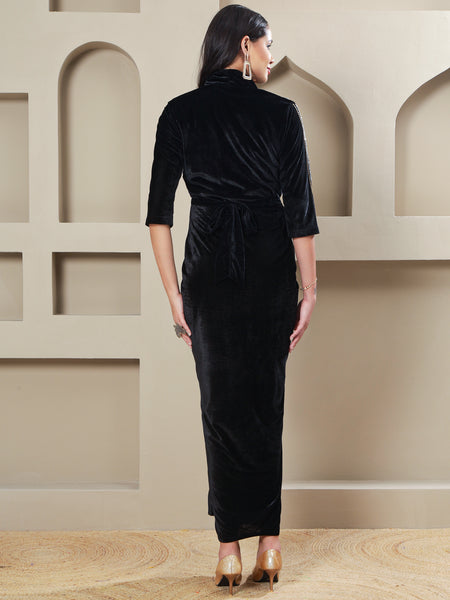 lack Velvet Hand-Embellished 3-Piece Gown Set with Inner & Belt-WRK485