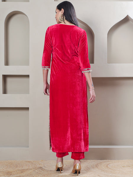 Luxury Pink Velvet Kurta and Pant Set with Hand Embellished Neckline-WRKS259