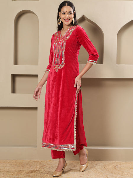 Luxury Pink Velvet Kurta and Pant Set with Hand Embellished Neckline-WRKS259