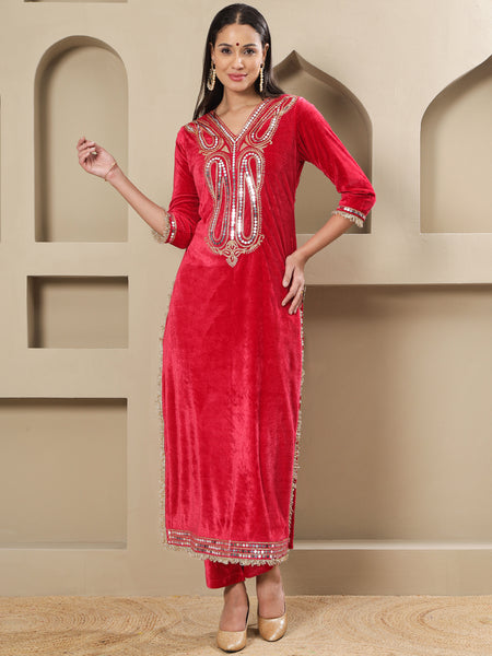 Luxury Pink Velvet Kurta and Pant Set with Hand Embellished Neckline-WRKS259