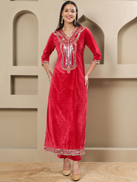 Luxury Pink Velvet Kurta and Pant Set with Hand Embellished Neckline-WRKS259