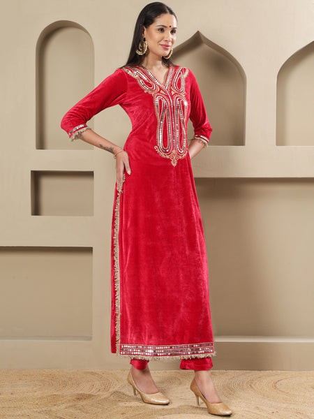 Luxury Pink Velvet Kurta and Pant Set with Hand Embellished Neckline-WRKS259
