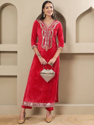 Luxury Pink Velvet Kurta and Pant Set with Hand Embellished Neckline-WRKS259