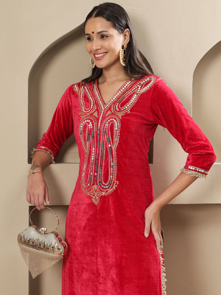 Luxury Pink Velvet Kurta and Pant Set with Hand Embellished Neckline-WRKS259