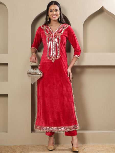 Luxury Pink Velvet Kurta and Pant Set with Hand Embellished Neckline-WRKS259
