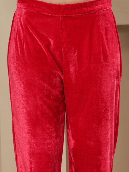 Luxury Pink Velvet Kurta and Pant Set with Hand Embellished Neckline-WRKS259