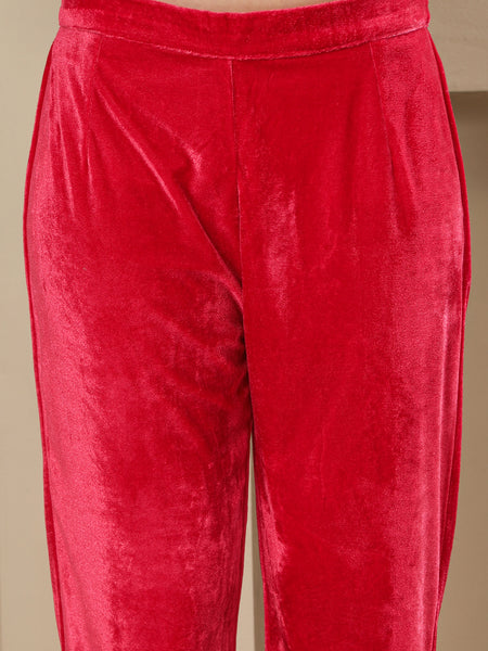 Pink Velvet Hand-Embroidered Shirt &amp; Bell-Bottom Co-ord Set-WRKS265