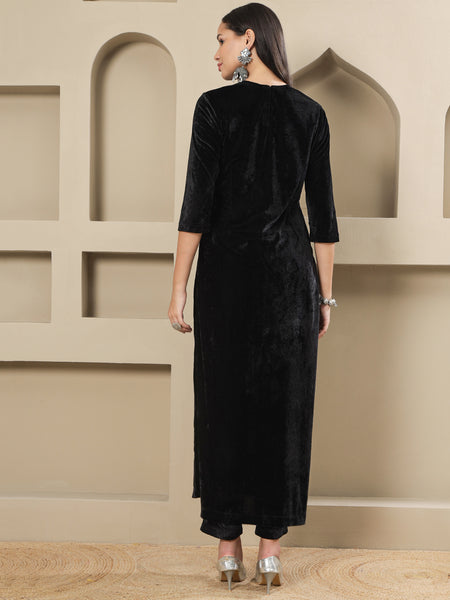 Black Velvet Handwork Long Straight Shirt With Pants-WRKS266