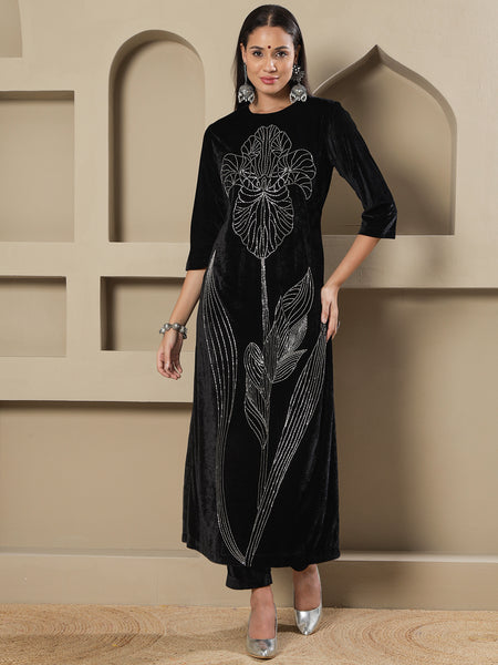Black Velvet Handwork Long Straight Shirt With Pants-WRKS266