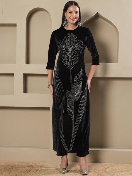 Black Velvet Handwork Long Straight Shirt With Pants-WRKS266