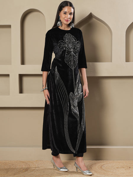 Black Velvet Handwork Long Straight Shirt With Pants-WRKS266