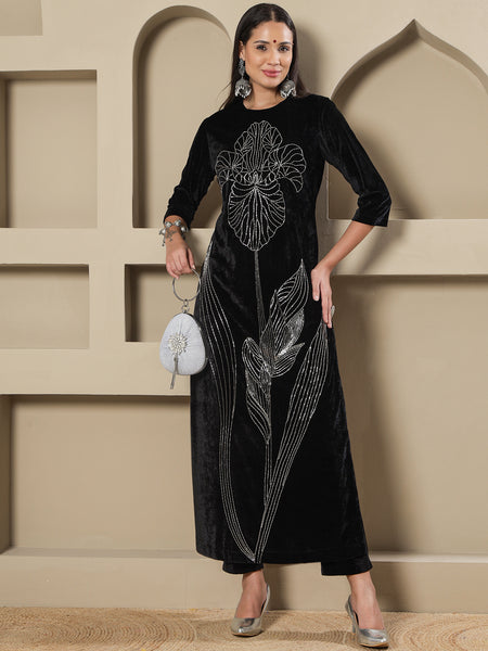 Black Velvet Handwork Long Straight Shirt With Pants-WRKS266