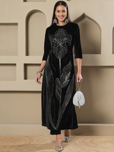 Black Velvet Handwork Long Straight Shirt With Pants-WRKS266