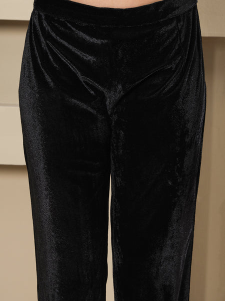 Black Velvet Handwork Long Straight Shirt With Pants-WRKS266