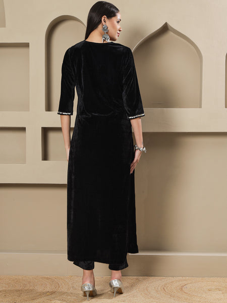 Black Velvet Hand-Embellished Long Straight Shirt With Pants-WRKS256